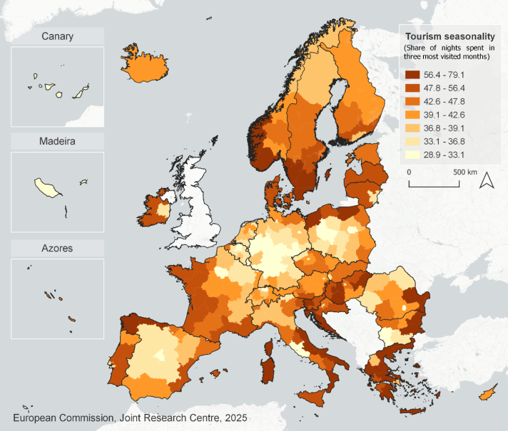 Map of Europe showing tourism seasonality by region, with darker shades indicating a higher percentage of nights spent in the three most visited months.