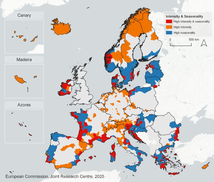 Map of Europe highlighting regions with high tourism intensity and seasonality.